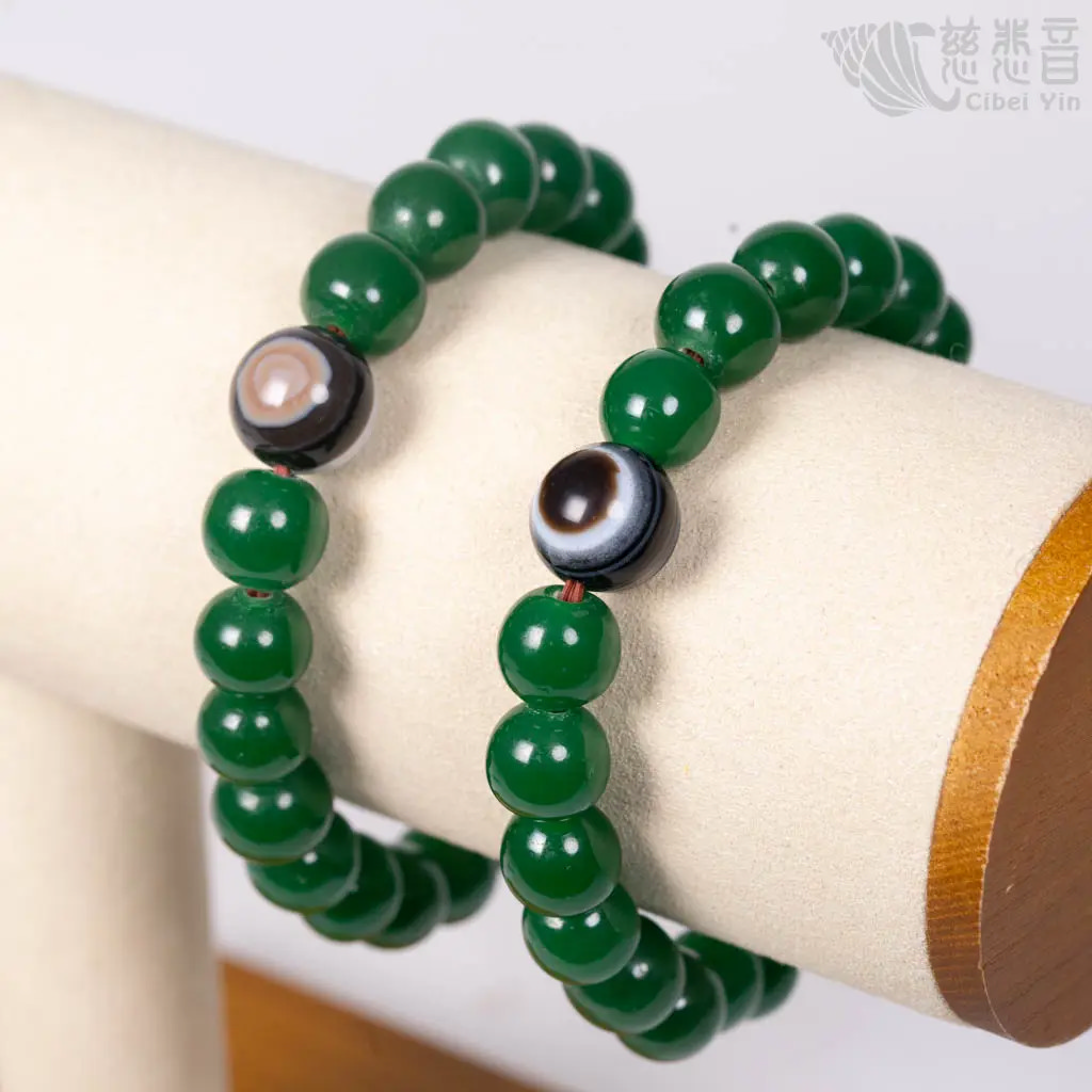 天然瑪瑙天眼珠12MM碧玉色琉璃手串- 菩提禪修學院